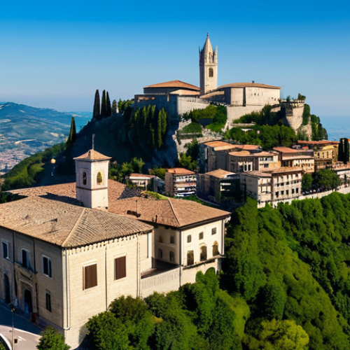 A panoramic view of San Marino, capturing the majestic, ancient fortress perched atop Monte Titano, gracefully overlooking modern, well-maintained buildings nestled below. The scene beautifully illustrates the harmonious blend of historical architecture and contemporary urban planning, set under a clear blue sky during the golden hour. The image conveys a sense of stability and enduring governance. Professional photography, high-resolution, detailed, epic landscape, appropriate content, family-friendly.