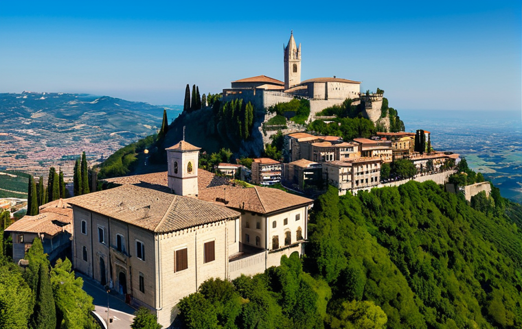 A panoramic view of San Marino, capturing the majestic, ancient fortress perched atop Monte Titano, gracefully overlooking modern, well-maintained buildings nestled below. The scene beautifully illustrates the harmonious blend of historical architecture and contemporary urban planning, set under a clear blue sky during the golden hour. The image conveys a sense of stability and enduring governance. Professional photography, high-resolution, detailed, epic landscape, appropriate content, family-friendly.