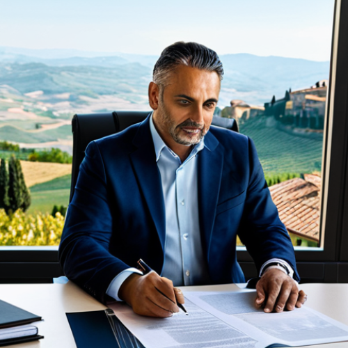 Home 7 **
"A successful entrepreneur, *bien vestido*, reviewing financial documents in a modern San Marino office with panoramic views of the Tuscan countryside. The scene evokes prosperity and strategic investment. Soft, natural light. Safe for work, appropriate content, fully clothed, professional, modest, perfect anatomy, natural proportions, high quality."
**