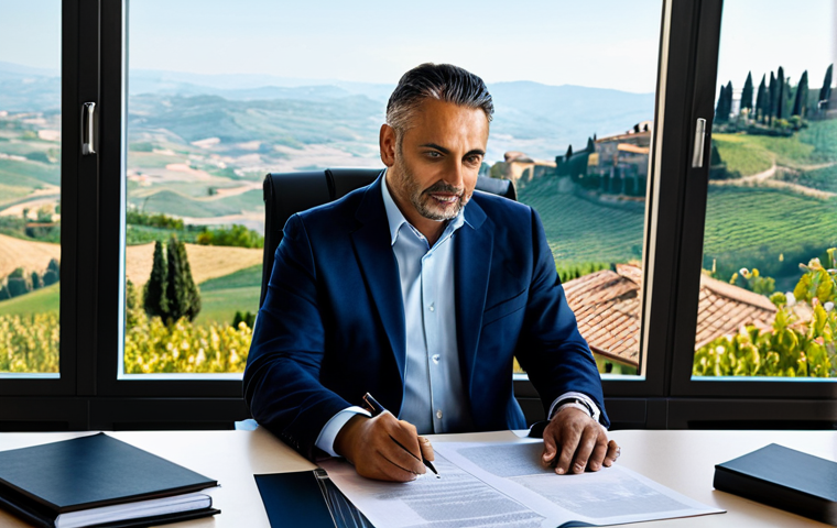 **

"A successful entrepreneur, *bien vestido*, reviewing financial documents in a modern San Marino office with panoramic views of the Tuscan countryside. The scene evokes prosperity and strategic investment. Soft, natural light. Safe for work, appropriate content, fully clothed, professional, modest, perfect anatomy, natural proportions, high quality."

**