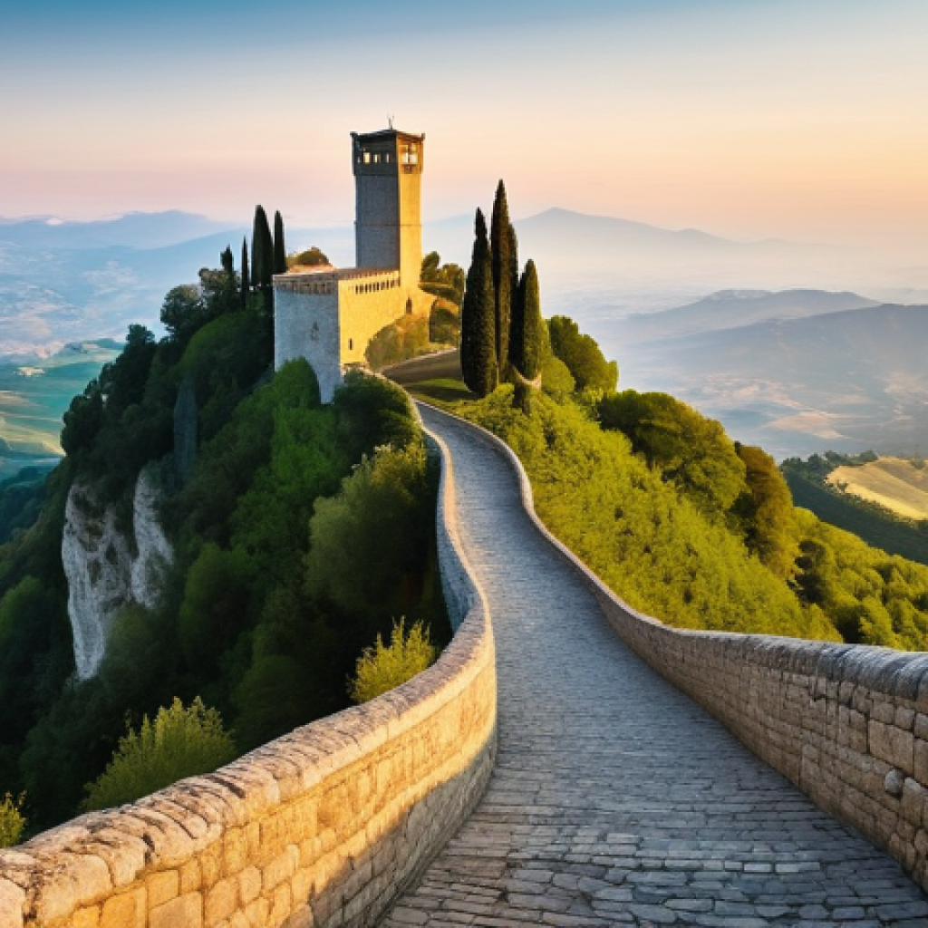 산마리노 티타노 산 여행 - **Prompt:** "A breathtaking panoramic view of the three iconic towers of San Marino – Guaita, Cesta,...