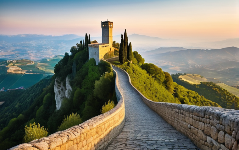산마리노 티타노 산 여행 - **Prompt:** "A breathtaking panoramic view of the three iconic towers of San Marino &ndash; Guaita, Cesta,...