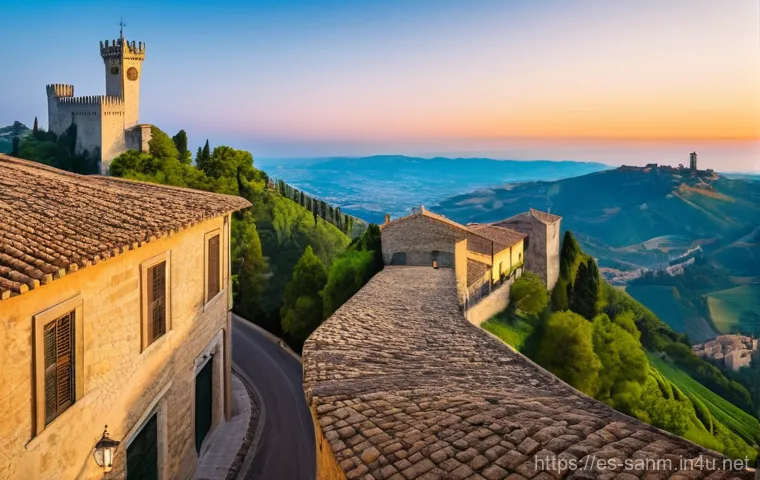 산마리노에서의 거주 및 이민 - **Prompt:** "A panoramic view of the historic Republic of San Marino at sunset. The three iconic med...
