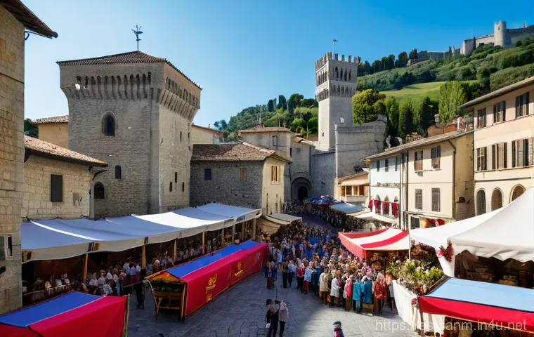 산마리노에서의 거주 및 이민 - **Prompt:** "A panoramic view of the historic Republic of San Marino at sunset. The three iconic med...