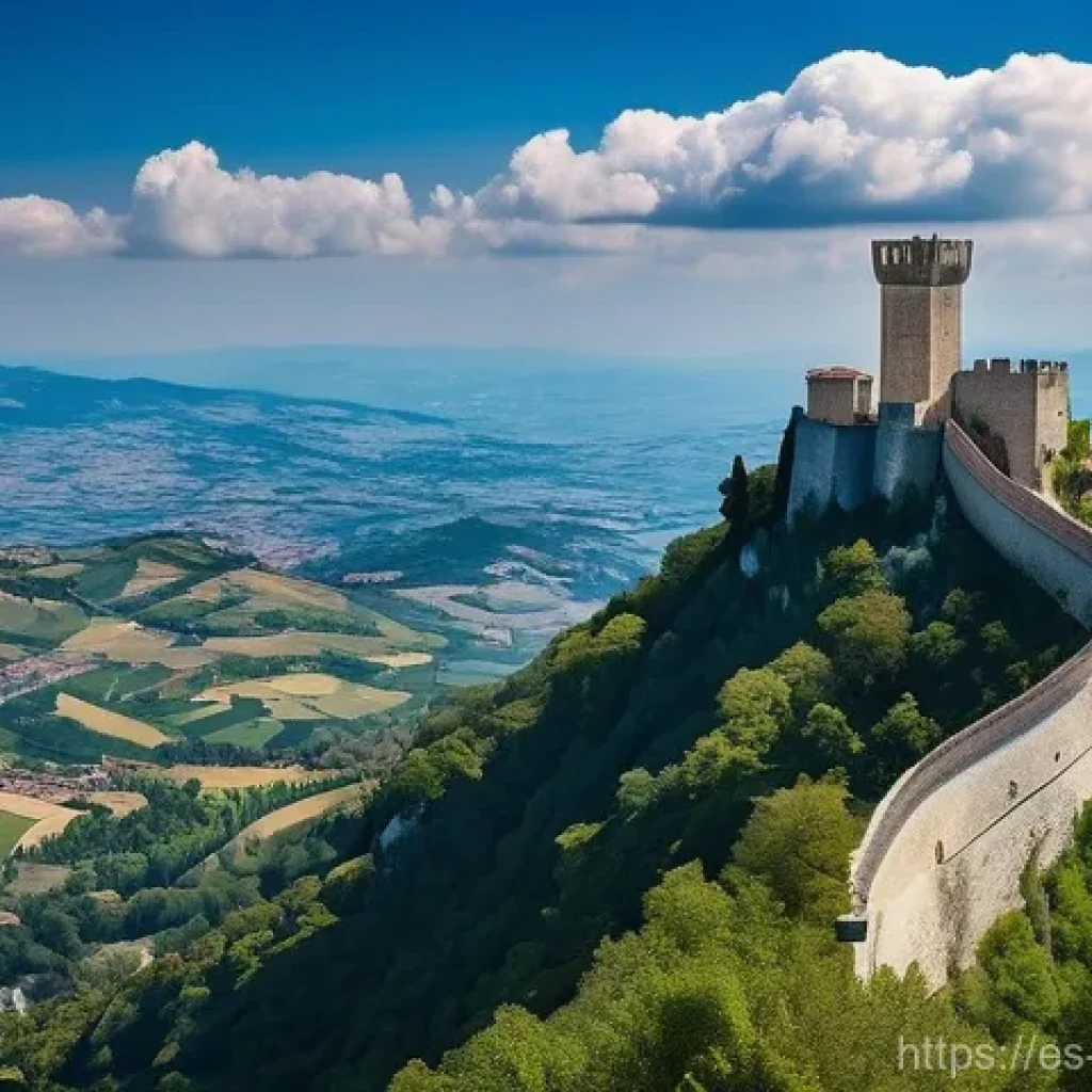 산마리노 국민 정체성 - A majestic panoramic view of San Marino's iconic three towers (Guaita, Cesta, Montale) atop Mount Ti...