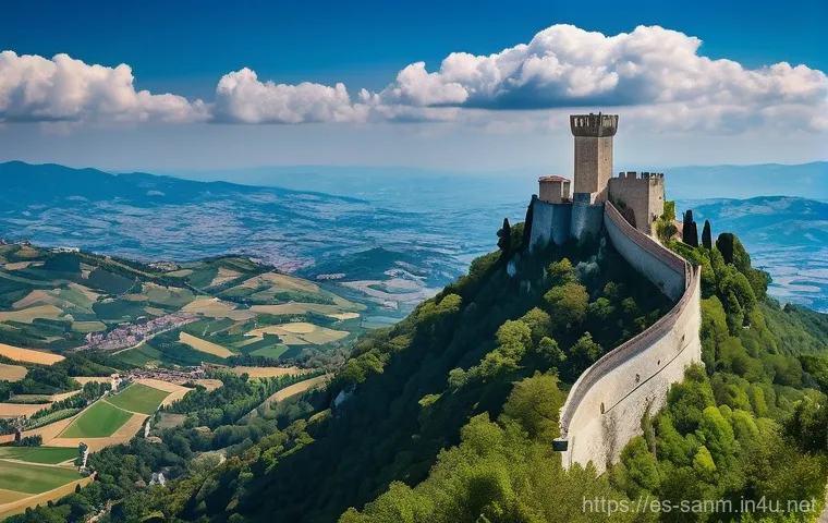 산마리노 국민 정체성 - A majestic panoramic view of San Marino's iconic three towers (Guaita, Cesta, Montale) atop Mount Ti...