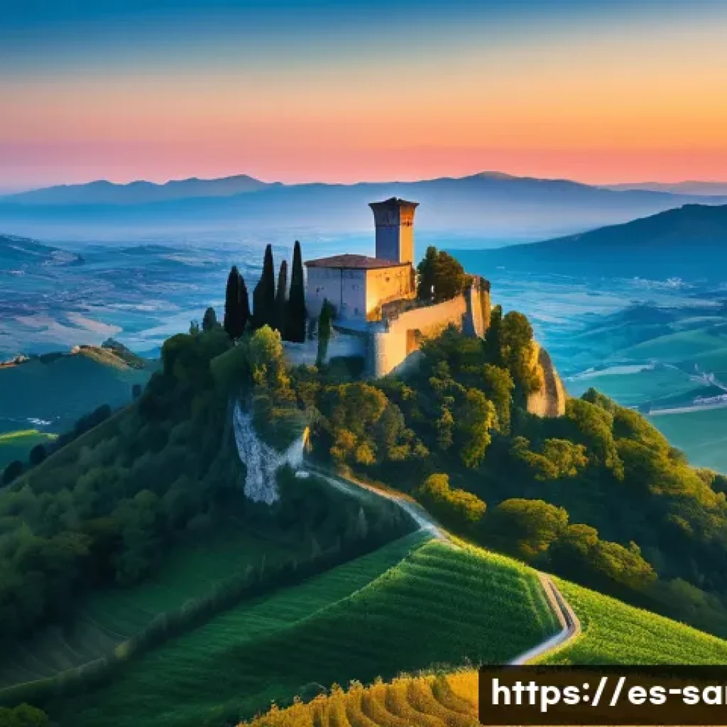 산마리노 주요 관광지 - A breathtaking panoramic view of the Three Towers of San Marino (Guaita, Cesta, and Montale) at suns...