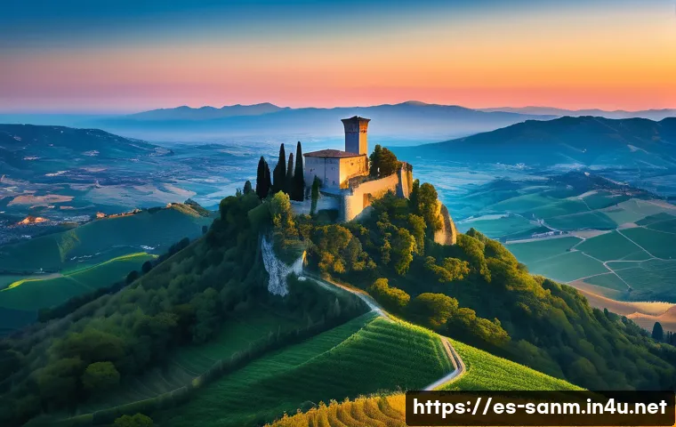 산마리노 주요 관광지 - A breathtaking panoramic view of the Three Towers of San Marino (Guaita, Cesta, and Montale) at suns...