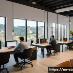 산마리노에서의 비즈니스 기회 및 창업 지원 - A modern coworking space in San Marino bustling with diverse entrepreneurs collaborating on laptops ...