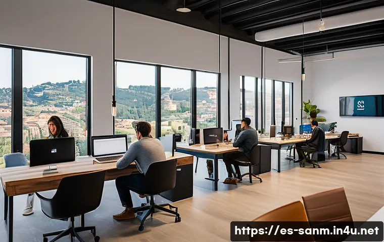 산마리노에서의 비즈니스 기회 및 창업 지원 - A modern coworking space in San Marino bustling with diverse entrepreneurs collaborating on laptops ...