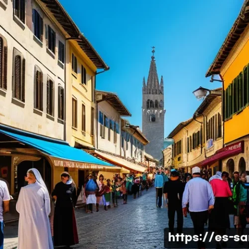 산마리노 비자 및 입국 정보 - A vibrant street scene in San Marino during a traditional festival, showcasing locals dressed in mod...