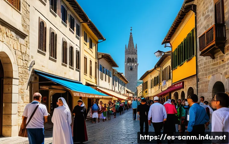 산마리노 비자 및 입국 정보 - A vibrant street scene in San Marino during a traditional festival, showcasing locals dressed in mod...