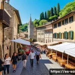 산마리노와 룩셈부르크의 경제 비교 - A vibrant medieval townscape of San Marino bustling with tourists during a sunny day, showcasing his...