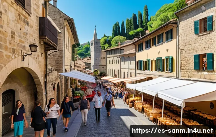 산마리노와 룩셈부르크의 경제 비교 - A vibrant medieval townscape of San Marino bustling with tourists during a sunny day, showcasing his...