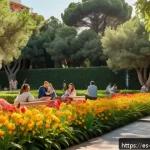 산마리노 박물관 및 미술관 - A serene museum garden scene in Barcelona during golden hour, featuring visitors of all ages sitting...
