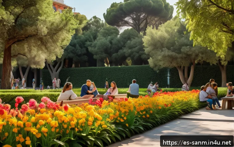 산마리노 박물관 및 미술관 - A serene museum garden scene in Barcelona during golden hour, featuring visitors of all ages sitting...