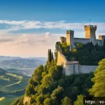 산마리노에서 경험할 수 있는 독특한 액티비티 - A panoramic view of the ancient Guaita Tower in San Marino during golden hour, showing its medieval ...
