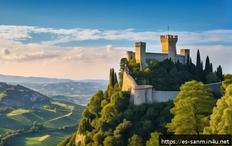산마리노에서 경험할 수 있는 독특한 액티비티 - A panoramic view of the ancient Guaita Tower in San Marino during golden hour, showing its medieval ...