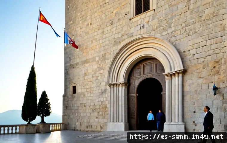 Home 17 산마리노 헌법 및 정치 체계 - Photorealistic wide-angle view of San Marino’s historic government palace on a clear morning, dignif...