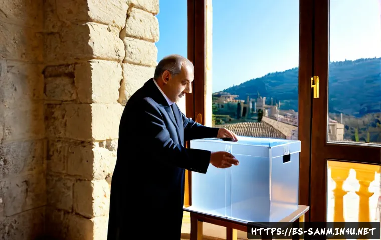 Home 17 산마리노 선거 제도 - Photorealistic election day in San Marino, a middle-aged voter placing an unmarked blank ballot into...